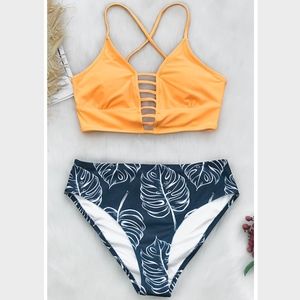 CUPSHE YELLOW & LEAVES PRINT BIKINI